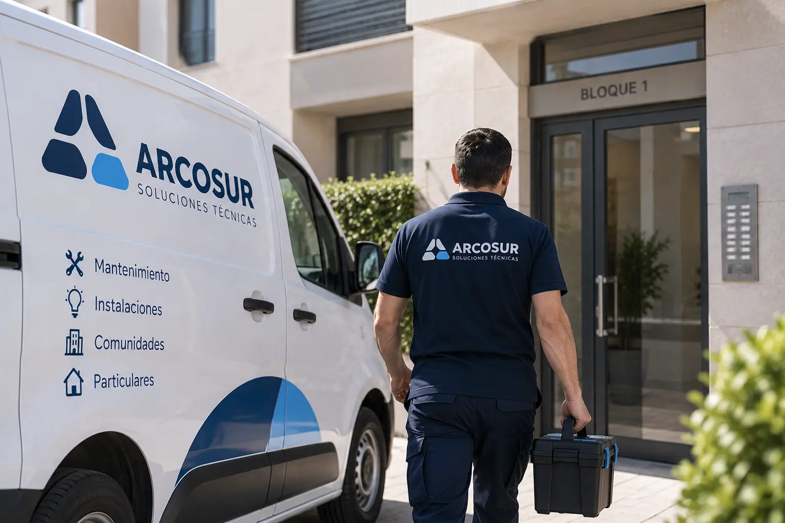 Técnico de ARCOSUR con su furgoneta rotulada y su caja de herramientas llegando al acceso de una comunidad