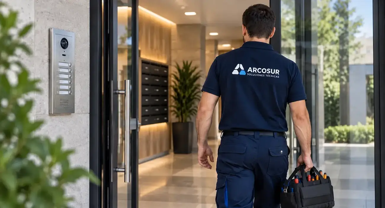 Técnico de ARCOSUR entrando con su maletín de herramientas en el portal de una comunidad, junto al portero automático y los buzones