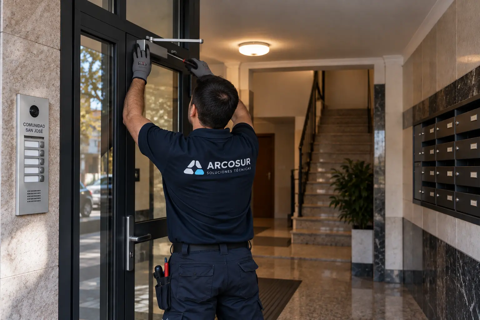 Técnico de ARCOSUR ajustando el cierrapuertas del acceso de una comunidad