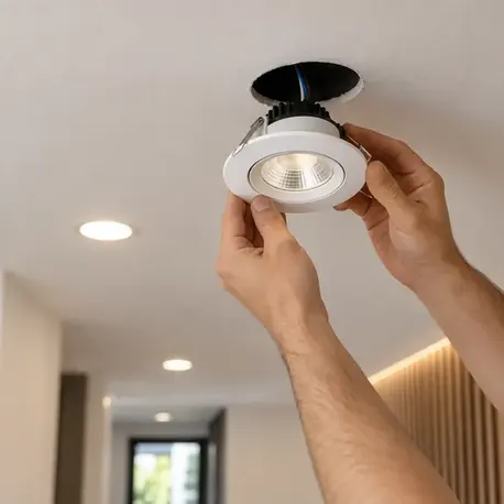 Downlight empotrado en el techo de una zona común