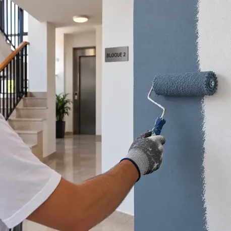 Pared de un rellano comunitario recién pintada en tono greige azulado