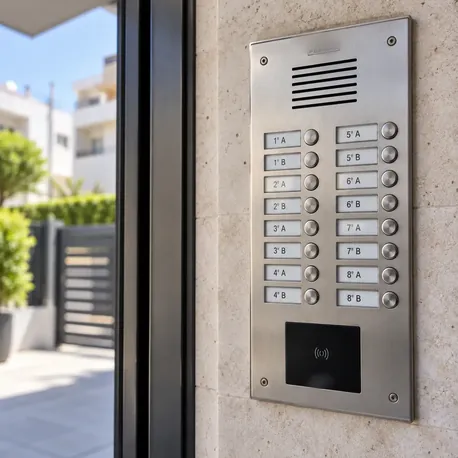 Portero automático comunitario con multipulsador en el acceso de un edificio